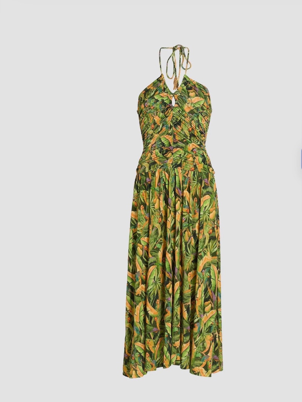 FARM Rio Green Tropical Halter-Style Maxi Dress with Yellow Accents